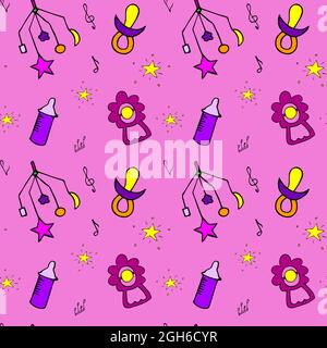 Pink background pattern with kids toys, stars and feeding bottle, sheet music and treble clef. Stock Vector