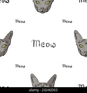 White seamless pattern with a gray Sphynx cat and the lettering Meow. Stock Vector