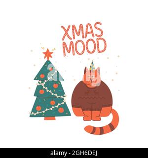 Sad and grumpy cat in sweater with deers looks at Christmas tree. Lettering Christmas mood. Stock Vector