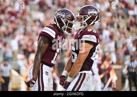 Starkville, MS, USA. 04th Sep, 2021. Mississippi State Bulldogs wide receiver Jaden Walley (11) and Mississippi State Bulldogs wide receiver Austin Williams (85), celebrate after Walley (11) scores during the NCAA football game between the Louisiana Tech Bulldogs and the Mississippi State Bulldogs at Davis Wade Stadium in Starkville, MS. Credit: Kevin Langley/CSM/Alamy Live News Stock Photo