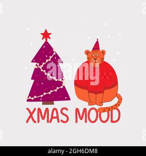 Sad and grumpy tiger in a sweater looks at Christmas tree. Lettering Christmas mood. Stock Vector
