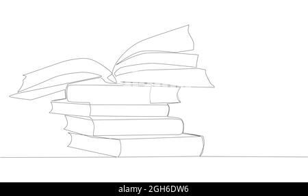 Stack of opened books in style of one line. Black contour. Stock Vector