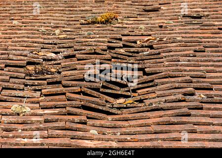 Broken clay tiles on old roof - France. Stock Photo
