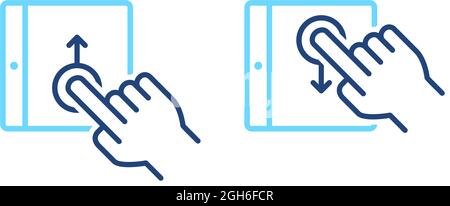 Set of mobile tablet with up, down swipe gesture blue line icons. Phone screen with hand symbols for UI web design. Stock Vector