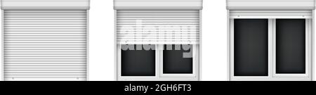 White double metal-plastic windows with blinds. Closed and open jalousie for plastic windows. Realistic window mockup for interior decoration design. Stock Vector