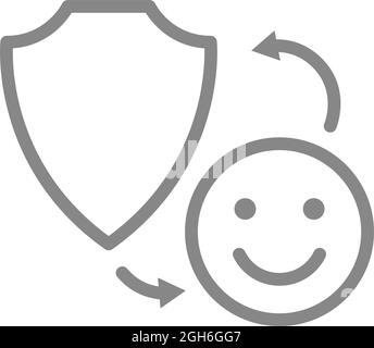 Protective shield with happy face line icon. Protection security sign, emoji rating, positive assessment of protection system Stock Vector