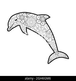 Hand drawn zentangle dolphin illustration. Decorative abstract doodle design element. Coloring book for adults Stock Vector