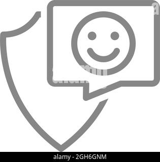 Protective shield with happy face in buble speech line icon. Protection, emoji rating, feedback, positive assessment, Stock Vector