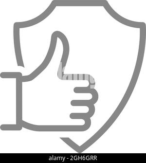 Protective shield with thumb up gesture line icon. Protection, insurance, positive assessment of the protection system, defense Stock Vector