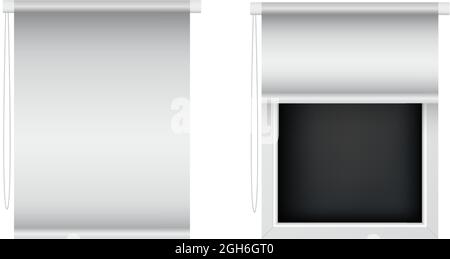 Closed and open window roller blinds. Realistic motorized shades, front view. Vector automatic roller blinds mockup for interior decoration design Stock Vector