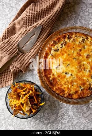 Salty pie or quiche made with Craterellus lutescens or Cantharellus lutescens or Cantharellus xanthopus or Cantharellus aurora, commonly known as Yell Stock Photo