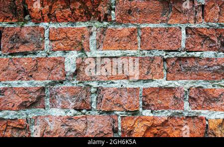 Old dilapidated red brick wall. Abstract background, texture, wallpaper. Stock Photo