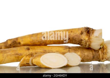 Two whole spicy horseradish roots and slices, close-up, isolated on white. Stock Photo
