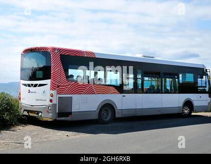 A Stagecoach single-deck bus parked on a side road near Blackwaterfoot on the Isle of Arran, Scotland Stock Photo