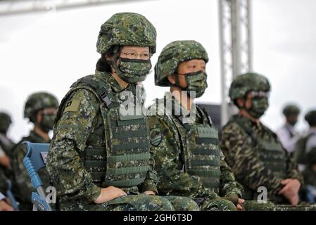 Taichung, Taiwan. 16 July, 2020. Taiwan President Tsai Ing Wen, left, in full combat uniform watches the Han Kuang - Chinese Glory live fire military exercise July 16, 2020 in Taichung, Taiwan.Credit: Makoto Lin/ROC President Press Office Stock Photo