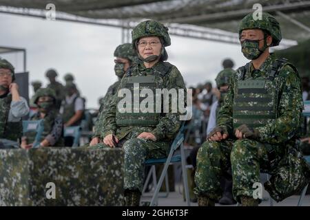 Taichung, Taiwan. 16 July, 2020. Taiwan President Tsai Ing Wen, left, in full combat uniform watches the Han Kuang - Chinese Glory live fire military exercise July 16, 2020 in Taichung, Taiwan. Credit: Makoto Lin/ROC President Press Office Stock Photo