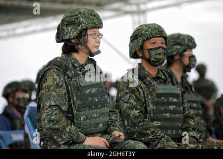 Taichung, Taiwan. 16 July, 2020. Taiwan President Tsai Ing Wen, left, in full combat uniform watches the Han Kuang - Chinese Glory live fire military exercise July 16, 2020 in Taichung, Taiwan. Credit: Makoto Lin/ROC President Press Office Stock Photo