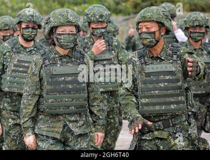 Taichung, Taiwan. 16 July, 2020. Taiwan President Tsai Ing Wen, left, in full combat uniform during the Han Kuang - Chinese Glory live fire military exercise July 16, 2020 in Taichung, Taiwan.Credit: Makoto Lin/ROC President Press Office Stock Photo