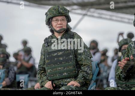 Taichung, Taiwan. 16 July, 2020. Taiwan President Tsai Ing Wen, in full combat uniform watches the Han Kuang - Chinese Glory live fire military exercise July 16, 2020 in Taichung, Taiwan. Credit: Makoto Lin/ROC President Press Office Stock Photo