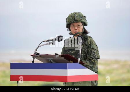 Taichung, Taiwan. 16 July, 2020. Taiwan President Tsai Ing Wen, in full combat uniform, addresses the nation during the annual Han Kuang - Chinese Glory live fire military exercise July 16, 2020 in Taichung, Taiwan. Credit: Makoto Lin/ROC President Press Office Stock Photo