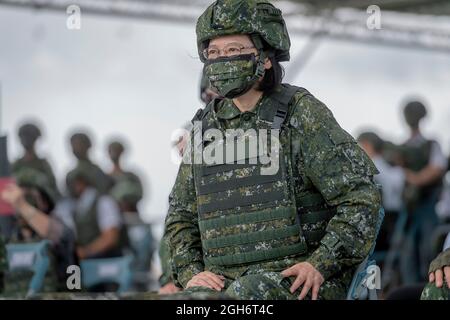 Taichung, Taiwan. 16 July, 2020. Taiwan President Tsai Ing Wen, in full combat uniform watches the Han Kuang - Chinese Glory live fire military exercise July 16, 2020 in Taichung, Taiwan. Credit: Makoto Lin/ROC President Press Office Stock Photo