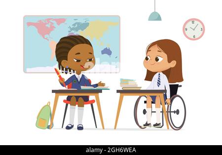 Two diverse schoolgirl in uniform talking at geography lesson studying at multiracial inclusive school vector flat illustration. Girl in wheelchair Stock Vector