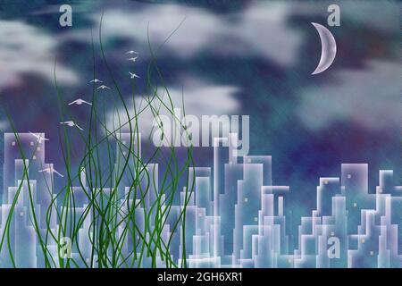 Night city silhouettes. Birds and crescent moon. 3D rendering Stock Photo