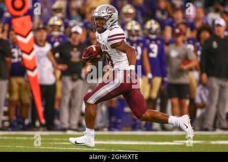 Seattle, WA, USA. 4th Sep, 2021. Montana Grizzlies running back Isiah Childs (28) runs the ball during a game between the Montana Grizzlies and Washington Huskies at Husky Stadium in Seattle, WA. The Grizzlies defeated the Huskies 13-7. Sean Brown/CSM/Alamy Live News Stock Photo