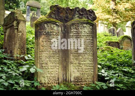 USTEK, CZECH REPUBLIC - AUGUST 29, 2021: Gravestones in the old Jewish cemetery Stock Photo