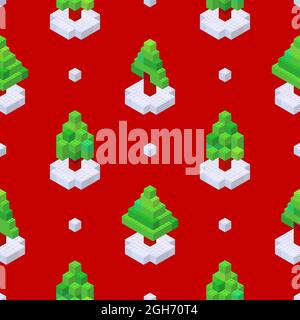 Pattern of Christmas trees collected from cubes on a red background in isometric style. Vector illustration. Stock Vector