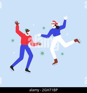Young couple ice skating together wearing racing skates ,face masks against covid, ice rink, outdoors activities during pandemic, vector illustration Stock Vector