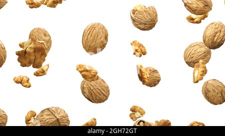 Walnuts are falling into space. isolated on white background. Stock Photo