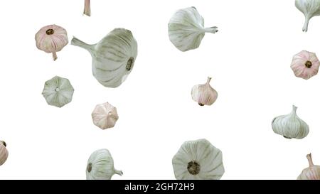 Garlics are falling into space. isolated on white background. Stock Photo