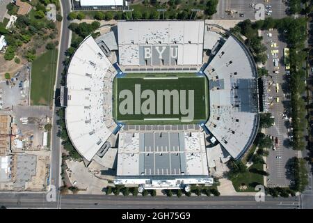 An aerial view of LaVell Edwards stadium on the campus of Brigham Young University, Saturday, Sept. 4, 2021, in Provo, Utah. The stadium is the home o Stock Photo