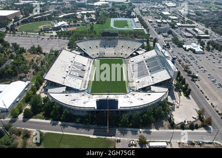 An aerial view of LaVell Edwards stadium on the campus of Brigham Young University, Saturday, Sept. 4, 2021, in Provo, Utah. The stadium is the home o Stock Photo