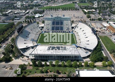 An aerial view of LaVell Edwards stadium on the campus of Brigham Young University, Saturday, Sept. 4, 2021, in Provo, Utah. The stadium is the home o Stock Photo