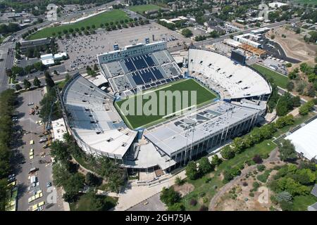 An aerial view of LaVell Edwards stadium on the campus of Brigham Young University, Saturday, Sept. 4, 2021, in Provo, Utah. The stadium is the home o Stock Photo