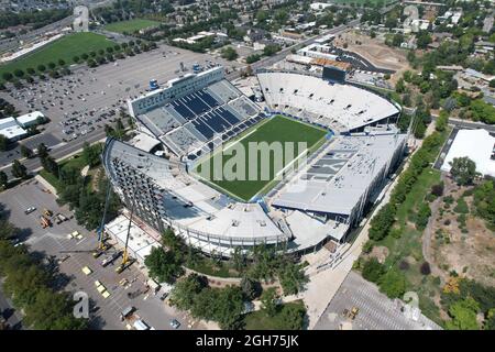 An aerial view of LaVell Edwards stadium on the campus of Brigham Young University, Saturday, Sept. 4, 2021, in Provo, Utah. The stadium is the home o Stock Photo