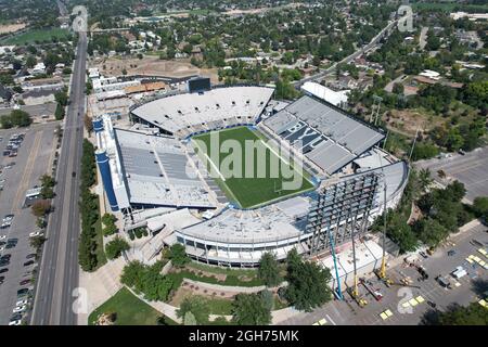 An aerial view of LaVell Edwards stadium on the campus of Brigham Young University, Saturday, Sept. 4, 2021, in Provo, Utah. The stadium is the home o Stock Photo