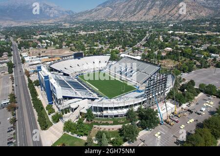 An aerial view of LaVell Edwards stadium on the campus of Brigham Young University, Saturday, Sept. 4, 2021, in Provo, Utah. The stadium is the home o Stock Photo