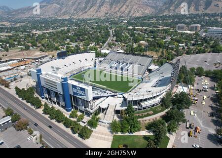 An aerial view of LaVell Edwards stadium on the campus of Brigham Young University, Saturday, Sept. 4, 2021, in Provo, Utah. The stadium is the home o Stock Photo