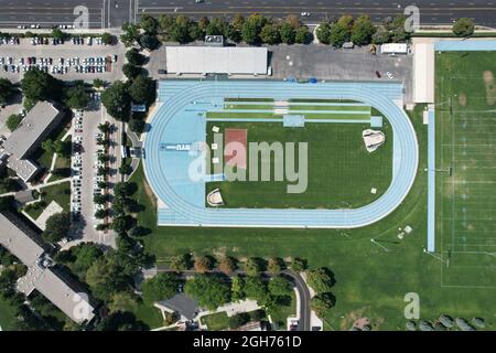 An aerial view of Clarence F. Robison Track on the campus of Brigham Young University, Saturday, Sept. 4, 2021, in Provo, Utah. The stadium is the hom Stock Photo