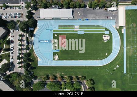 An aerial view of Clarence F. Robison Track on the campus of Brigham Young University, Saturday, Sept. 4, 2021, in Provo, Utah. The stadium is the hom Stock Photo