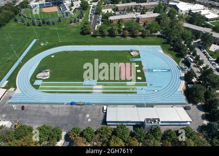 An aerial view of Clarence F. Robison Track on the campus of Brigham Young University, Saturday, Sept. 4, 2021, in Provo, Utah. The stadium is the hom Stock Photo