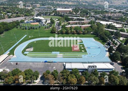 An aerial view of Clarence F. Robison Track on the campus of Brigham Young University, Saturday, Sept. 4, 2021, in Provo, Utah. The stadium is the hom Stock Photo