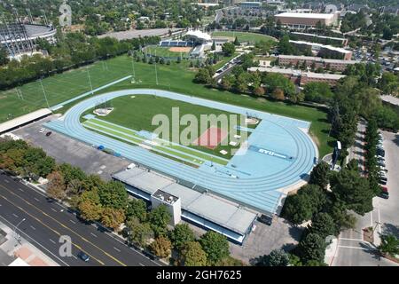 An aerial view of Clarence F. Robison Track on the campus of Brigham Young University, Saturday, Sept. 4, 2021, in Provo, Utah. The stadium is the hom Stock Photo