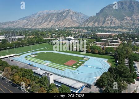 An aerial view of Clarence F. Robison Track on the campus of Brigham Young University, Saturday, Sept. 4, 2021, in Provo, Utah. The stadium is the hom Stock Photo