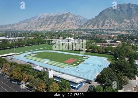 An aerial view of Clarence F. Robison Track on the campus of Brigham Young University, Saturday, Sept. 4, 2021, in Provo, Utah. The stadium is the hom Stock Photo