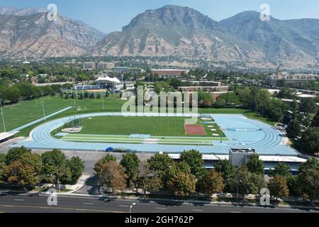 An aerial view of Clarence F. Robison Track on the campus of Brigham Young University, Saturday, Sept. 4, 2021, in Provo, Utah. The stadium is the hom Stock Photo