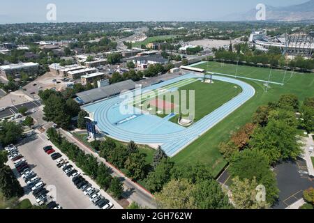 An aerial view of Clarence F. Robison Track on the campus of Brigham Young University, Saturday, Sept. 4, 2021, in Provo, Utah. The stadium is the hom Stock Photo